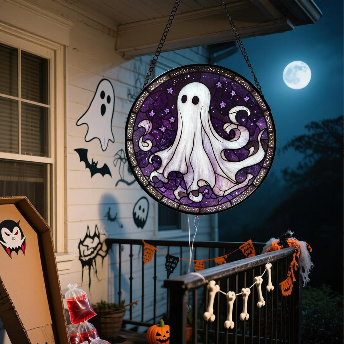 Stained Glass Window Hanging - Halloween Decorations White Ghost Purple Stars Suncatcher for Doors