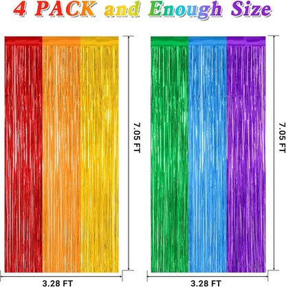 4 Pack Pride Decorations, 3.28 FT x 7.05 FT Rainbow Backdrop, Metallic LGBT Party Decor Foil Tinsel