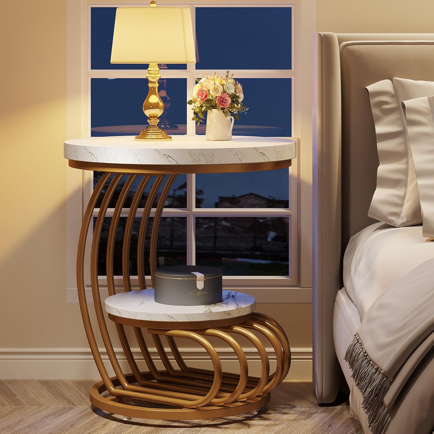 Tribesigns Gold Round End Table: 2 Tiers Side Table Set of 2 with Storage Shelf, Modern White Gold