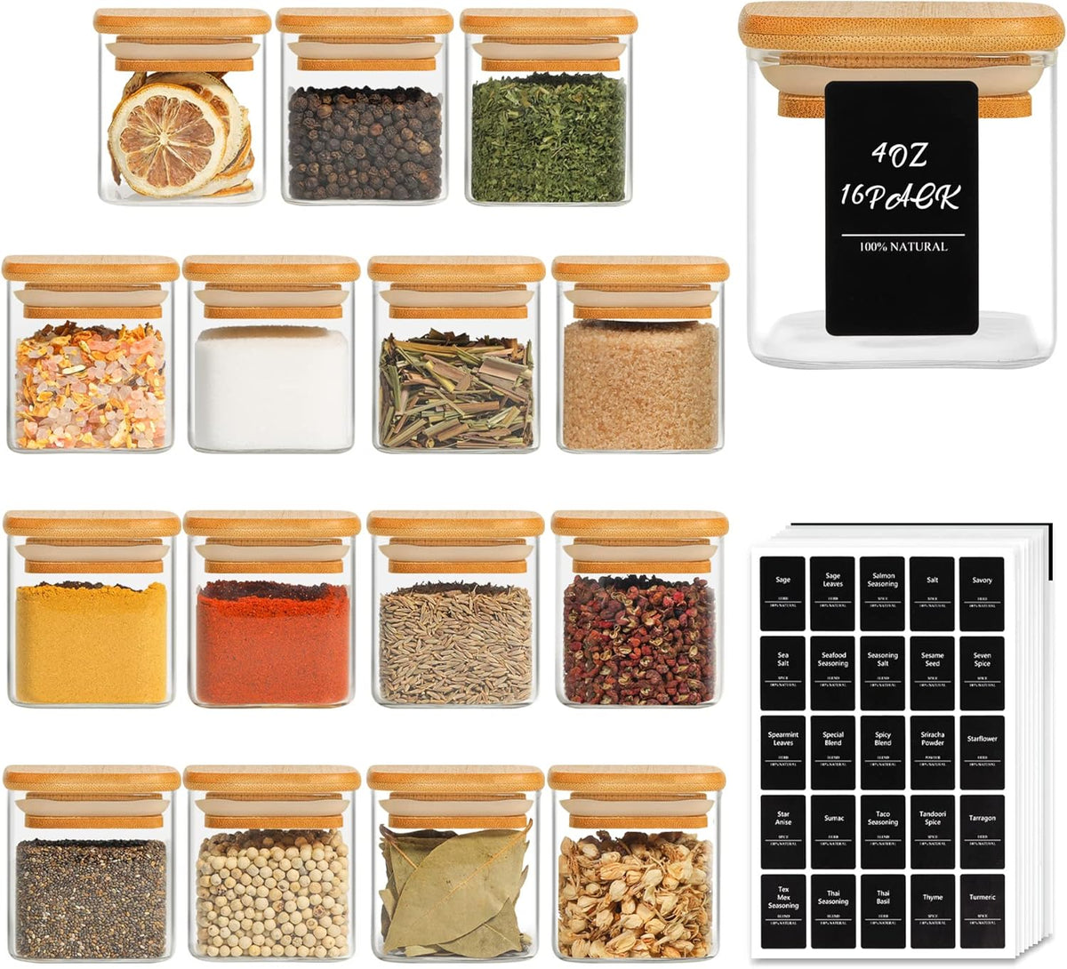 ComSaf 16Pcs Glass Spice Jars with Bamboo Lid, 4oz Airtight Square Spice Containers with 275 Black