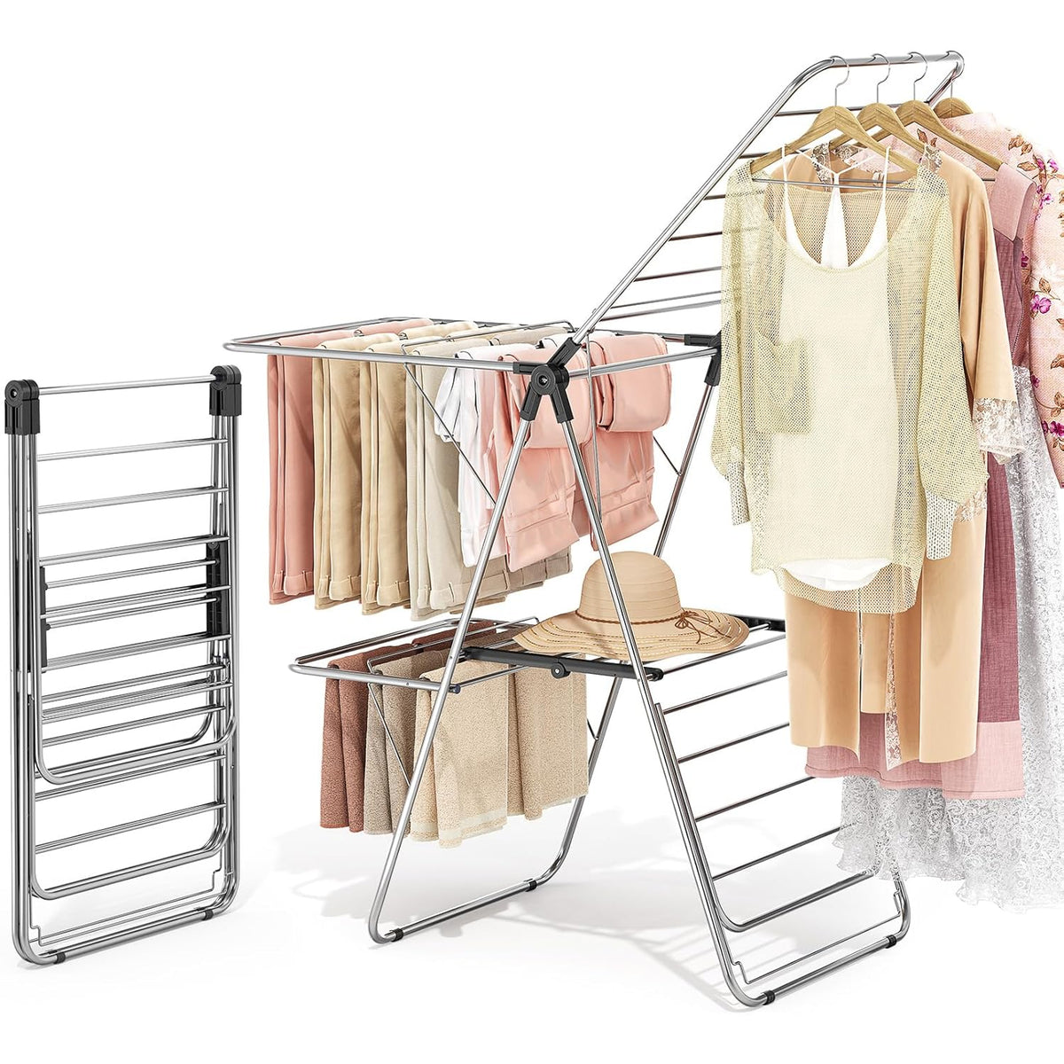 APEXCHASER Clothes Drying Rack with 4 Wings, Drying Rack Clothing with Height-Adjustable, Foldable