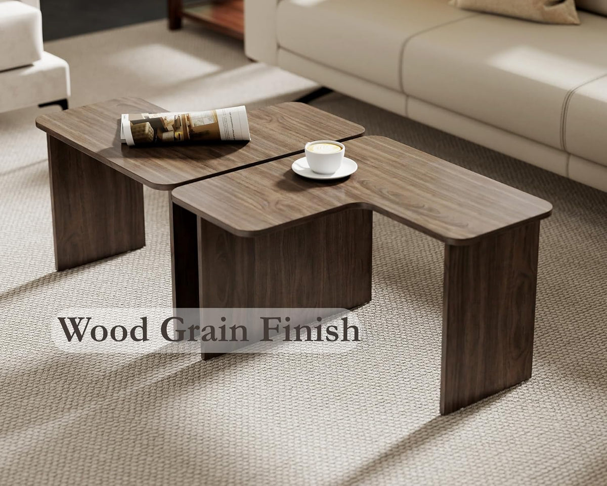 VESCASA Modern L Shaped Nesting Coffee Table Set of 2 Modular Rectangle Walnut Wood Table for
