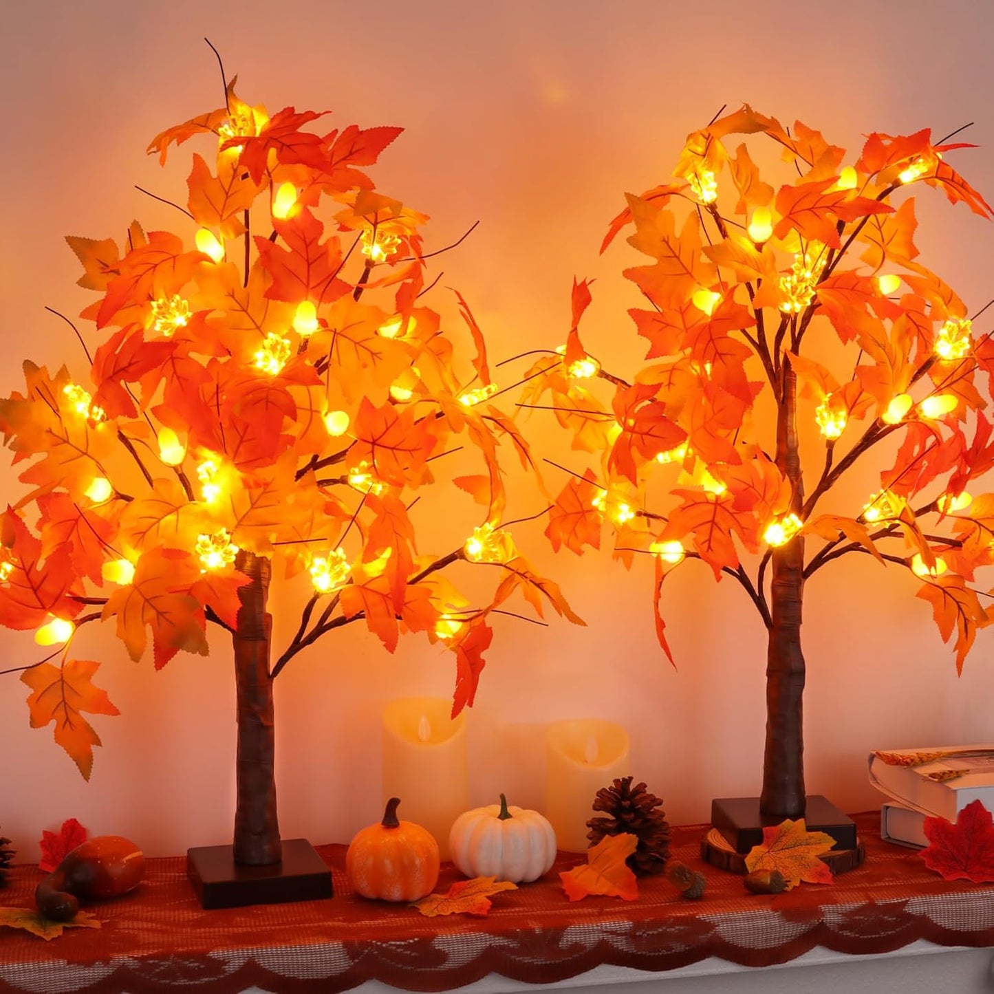 2 Pack 24 Inch Prelit Fall Maple Tree Fall Decor with 48 LEDs Timer Battery Operated Artificial