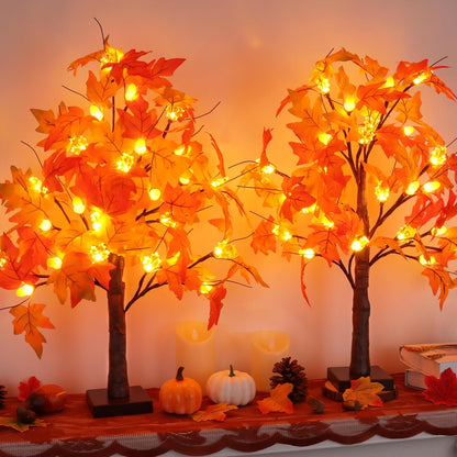 2 Pack 24 Inch Prelit Fall Maple Tree Fall Decor with 48 LEDs Timer Battery Operated Artificial