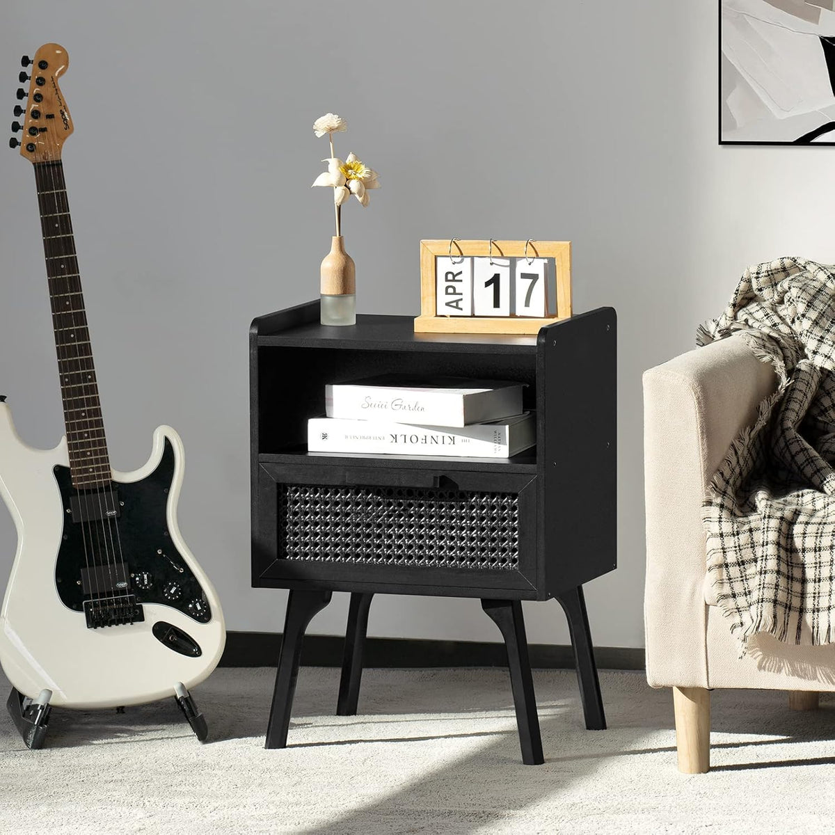 Lerliuo Rattan Nightstands Set of 2, Boho Side Table with Drawer Open Shelf, Cane Accent Bedside