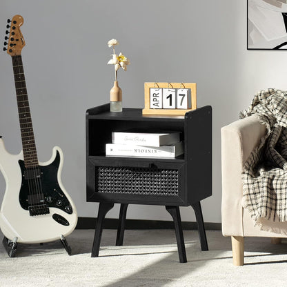 Lerliuo Rattan Nightstands Set of 2, Boho Side Table with Drawer Open Shelf, Cane Accent Bedside