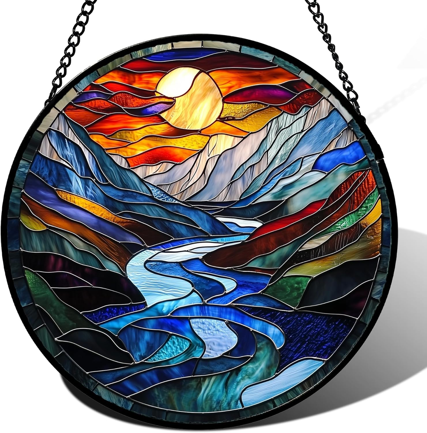 Stained Glass Window Hanging, Canyon Mountains Sunset View Sun Catcher for Window Home Decor