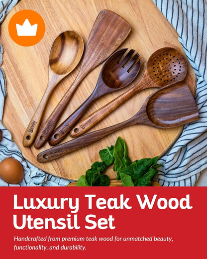 Boxiki Kitchen Luxury Teak Wood Utensil Set - Elegant 6-Piece Cooking Ensemble Including Spoons