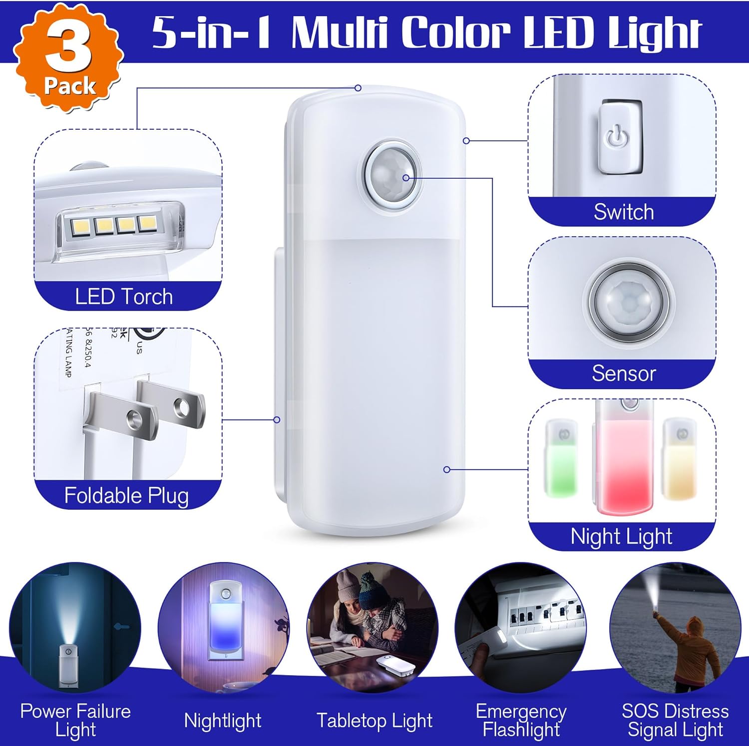 Enhon Emergency Power Failure Night Lights, 5-in-1 Multi Color LED Light, Rechargeable Flashlight