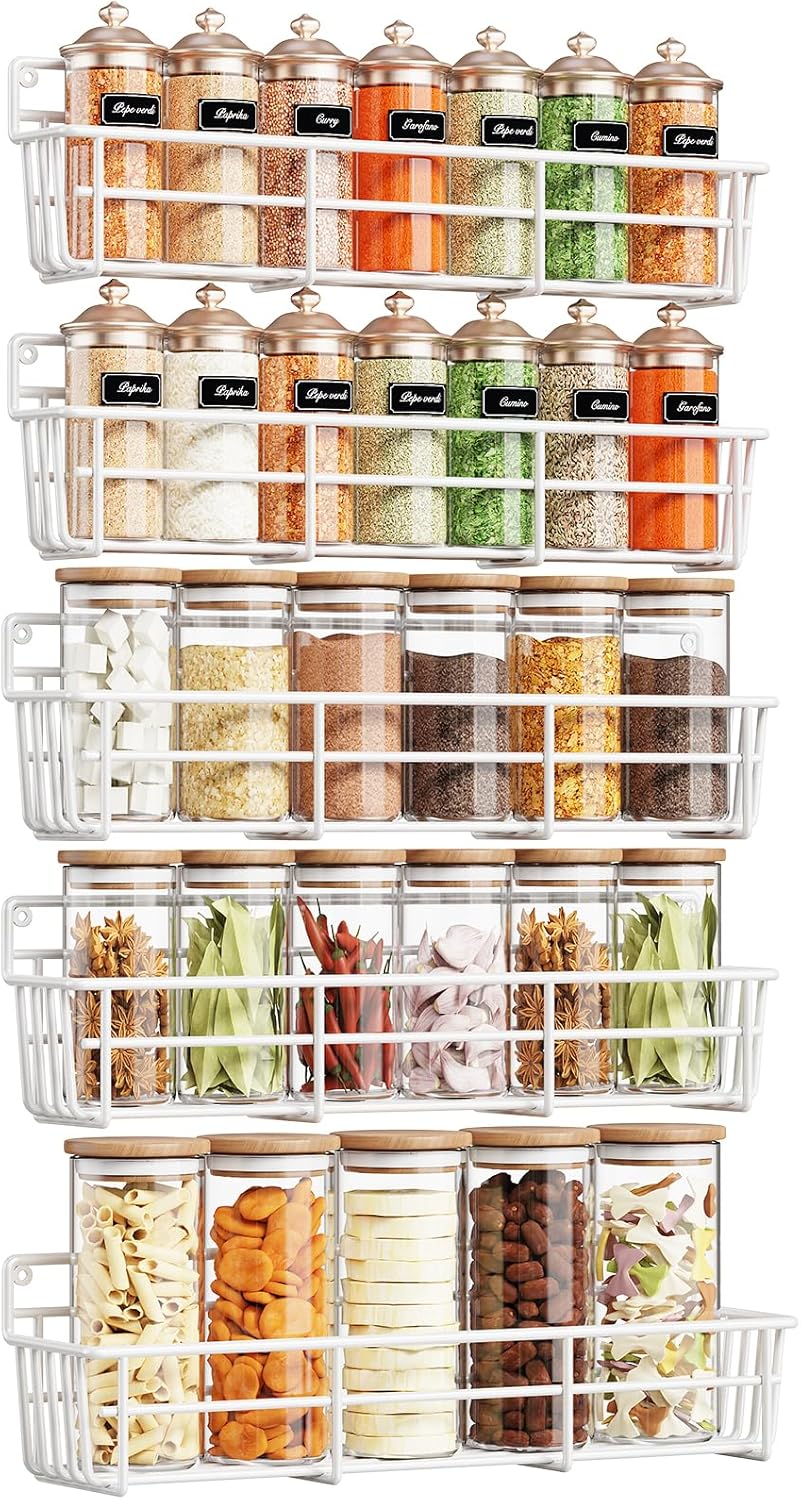 5 Pack Spice Rack Seasoning Organizer Wall Mount, Screw or Adhesive Hanging Shelf Basket Spice