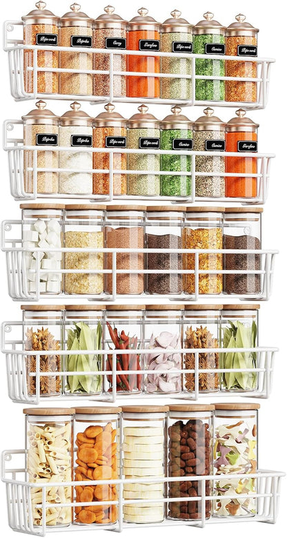 5 Pack Spice Rack Seasoning Organizer Wall Mount, Screw or Adhesive Hanging Shelf Basket Spice