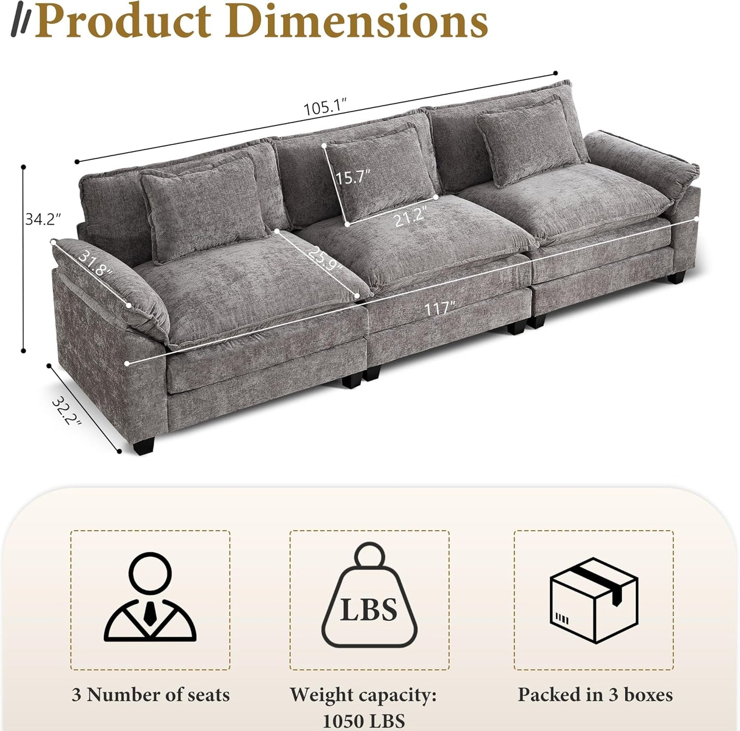 URRED Modular Sectional Sofa Comfy Cloud Couch, Modern Chenille Sofa Sleeper Deep Seat Couches with