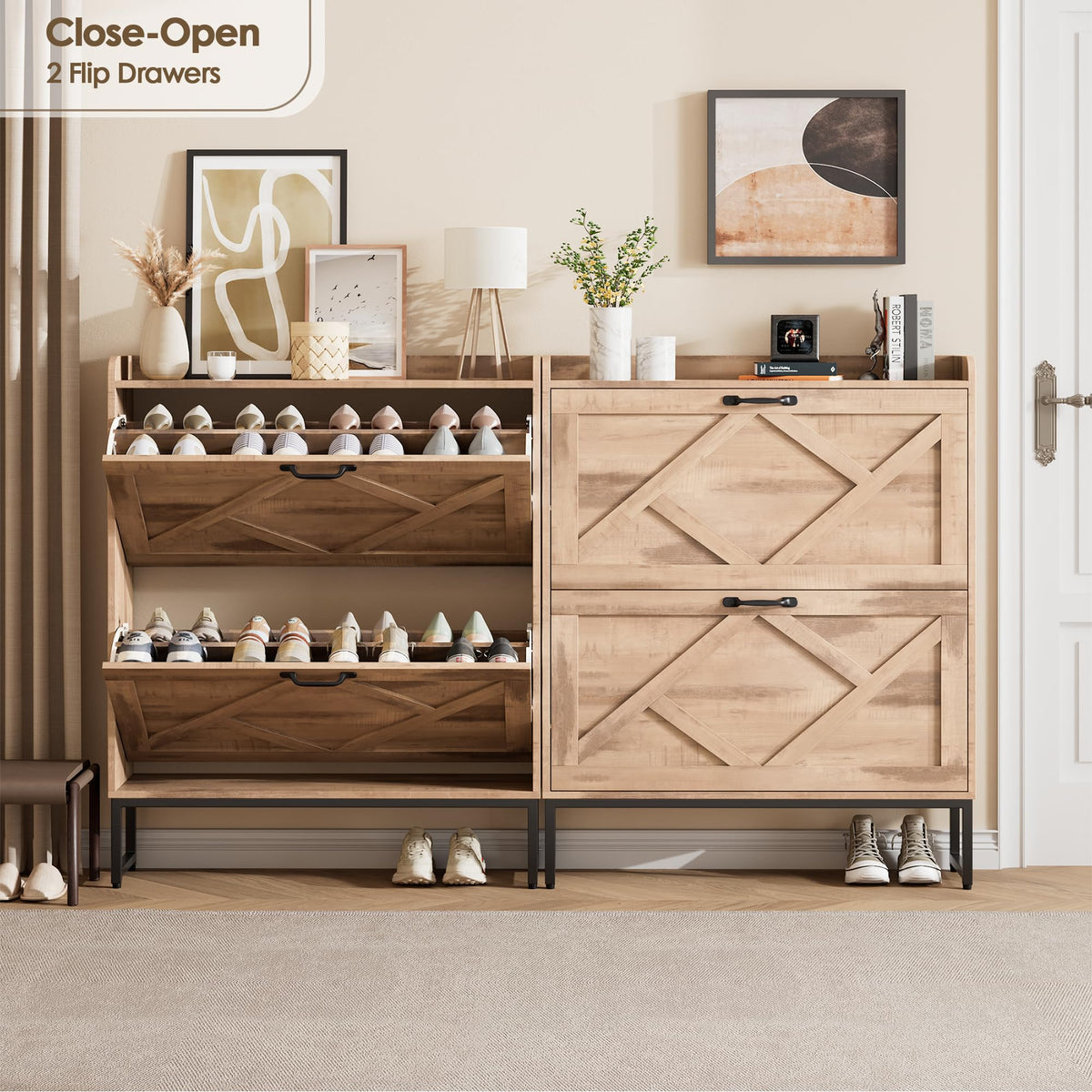 Nicetree Shoe Storage Cabinet with 2 Flip Drawers, Entryway Organizer, Oak