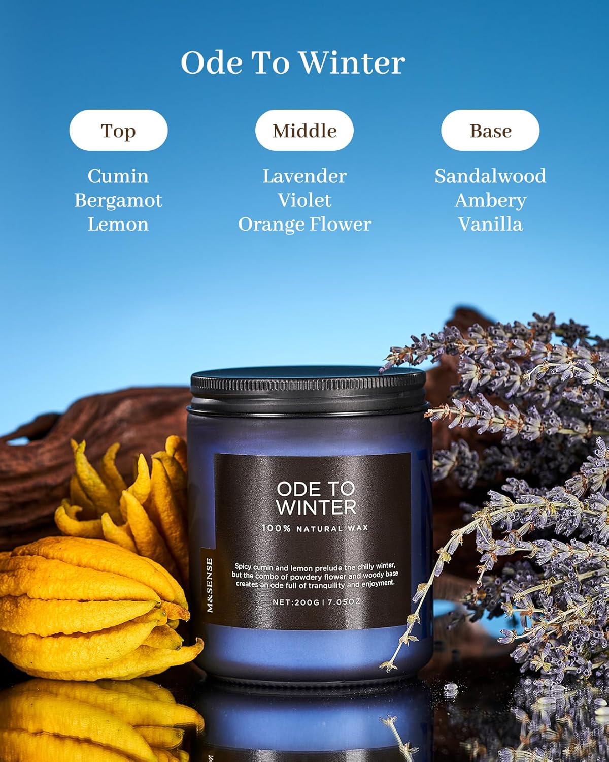 M&SENSE Ode to Winter - Lavender & Sandalwood Scented Candle for Relaxing Natural Soy Wax Non Toxic