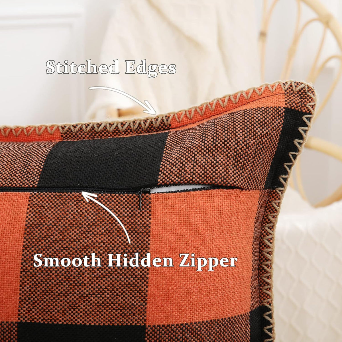 decorUhome Fall Orange and Black Decorative Throw Pillow Covers 22x22 Set of 2, Buffalo Plaid Check