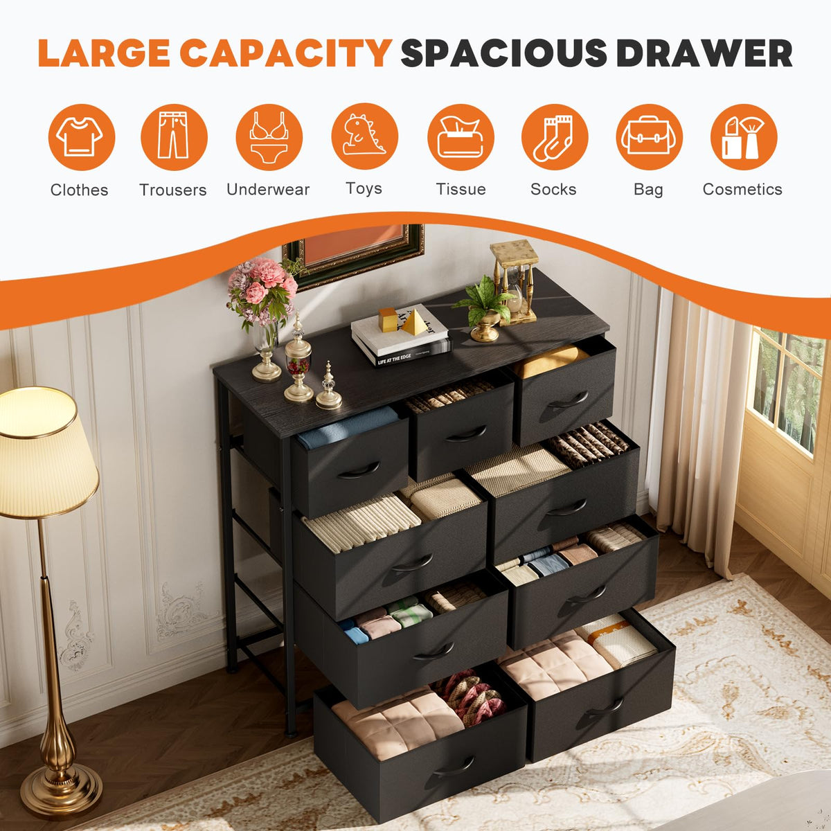 Sweetcrispy 9-Drawer Fabric Dresser Storage Tower with Wood Top, Black