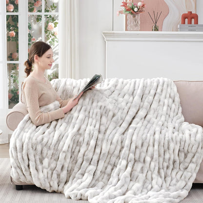 Touchat Ruched Faux Rabbit Fur Blanket, 700 GSM Luxury Dual-Sided Soft Cozy Blanket, Fuzzy Fluffy