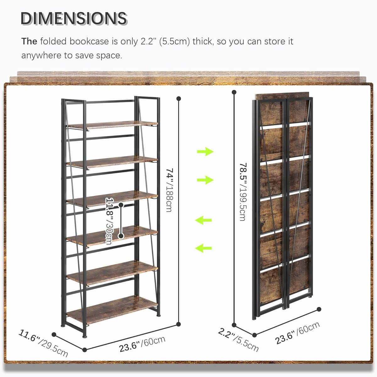 4NM No Assembly Foldable Bookshelf, 6-Shelf Collapsible Bookcase Storage for Small Spaces, 74" H