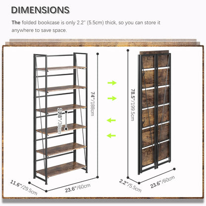4NM No Assembly Foldable Bookshelf, 6-Shelf Collapsible Bookcase Storage for Small Spaces, 74" H