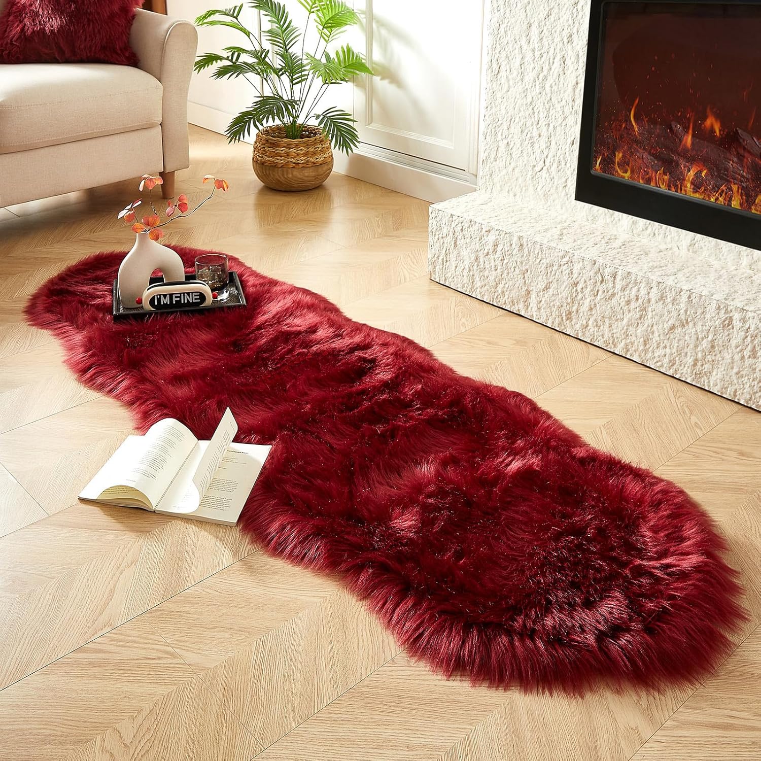 AMTOVO Faux Sheepskin Rug, Burgundy Ultra Soft Fluffy Shag Area Rug, 2 x 6 ft Faux Fur Rug for