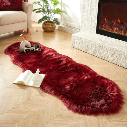AMTOVO Faux Sheepskin Rug, Burgundy Ultra Soft Fluffy Shag Area Rug, 2 x 6 ft Faux Fur Rug for