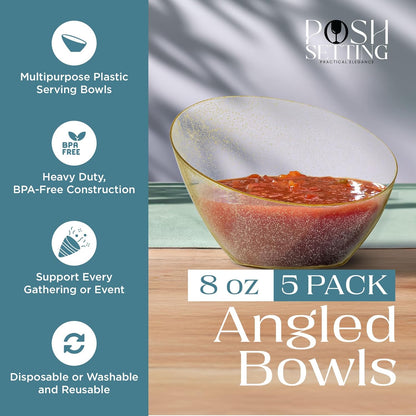 Posh Setting Gold Plastic Serving Bowls - Angled, Disposable for Chips, Candy, Salad, Fruit