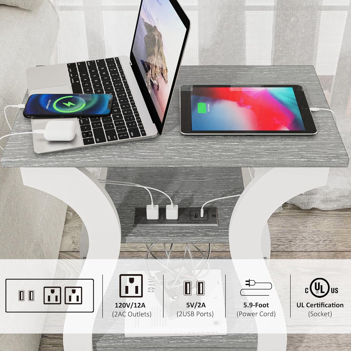 End Tables Living Room Set of 2,Grey End Table with Charging Station,Grey Side Table, Nightstand