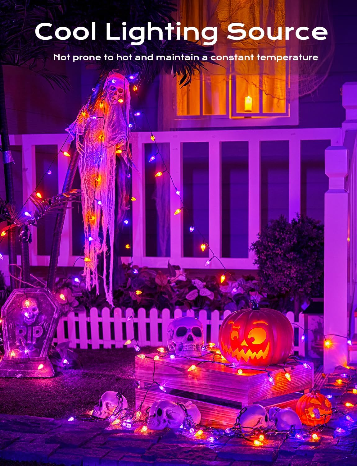 Brightown Solar Operated C6 Halloween Outdoor Lights, 22.64ft 50 LEDs Orange Purple Halloween