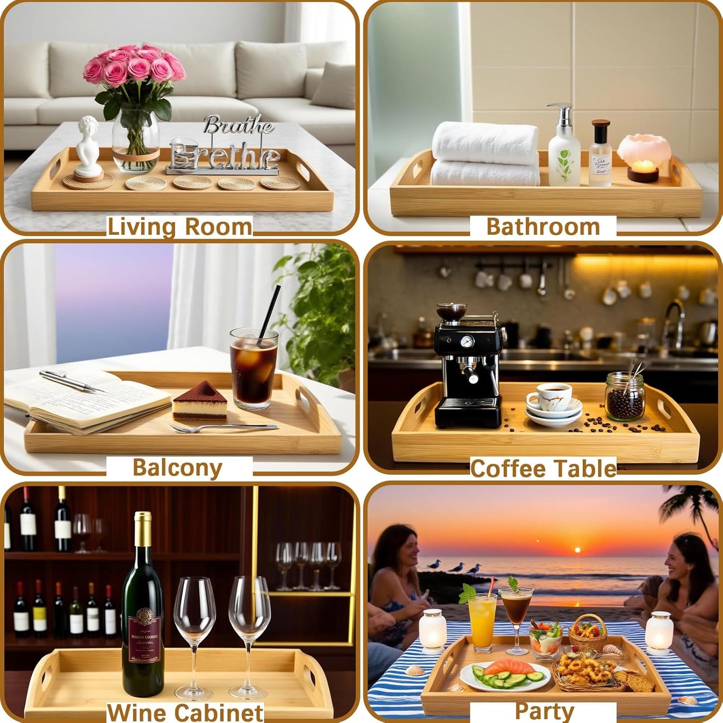 GOLD HONEY Bamboo Serving Tray with Handles Set of 2 - Decorative Wooden Tray for Living Room