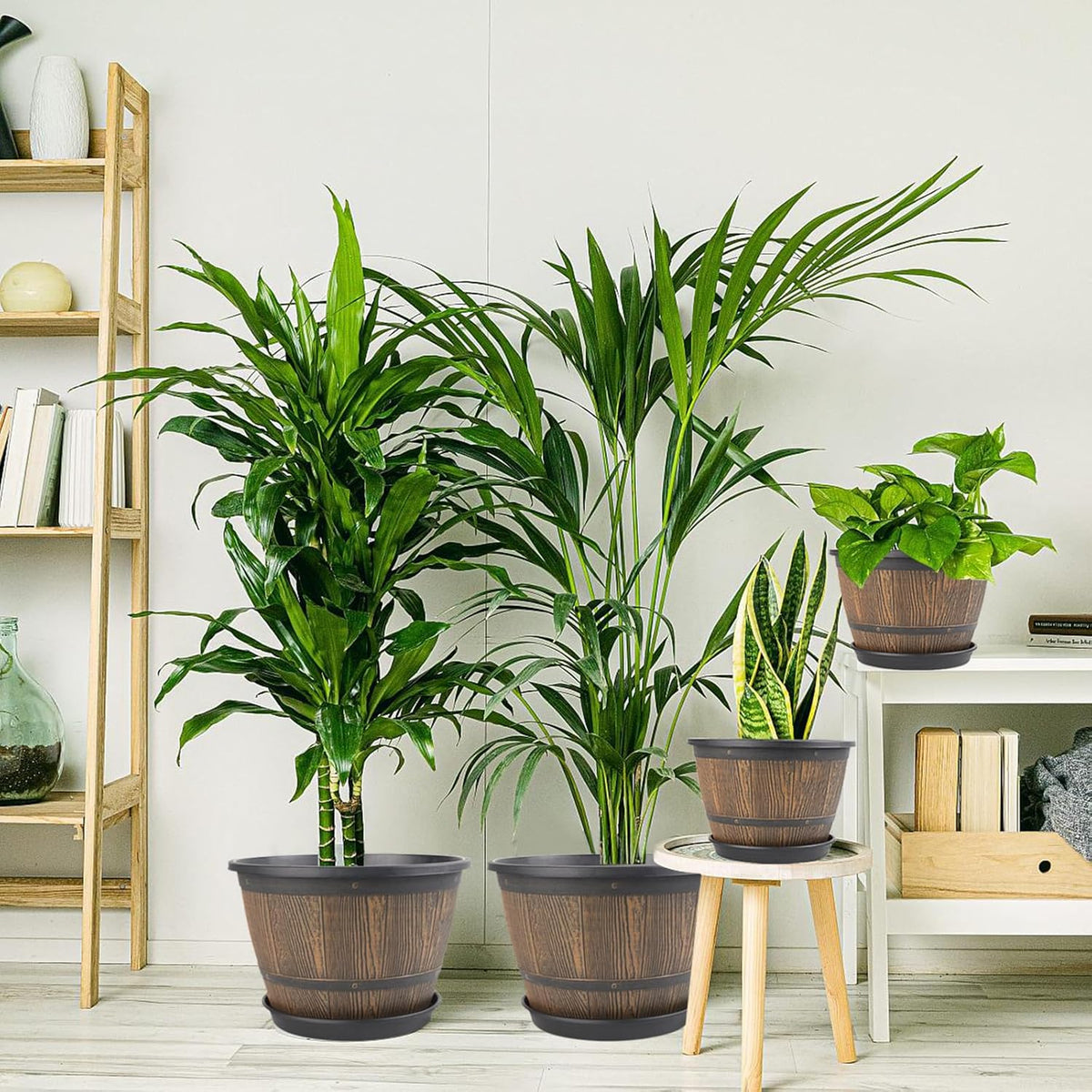 16-inch-Plant-Pots-Indoor-Outdoor, 4 Pack Large Whiskey Barrel Planters with Drainage Holes &