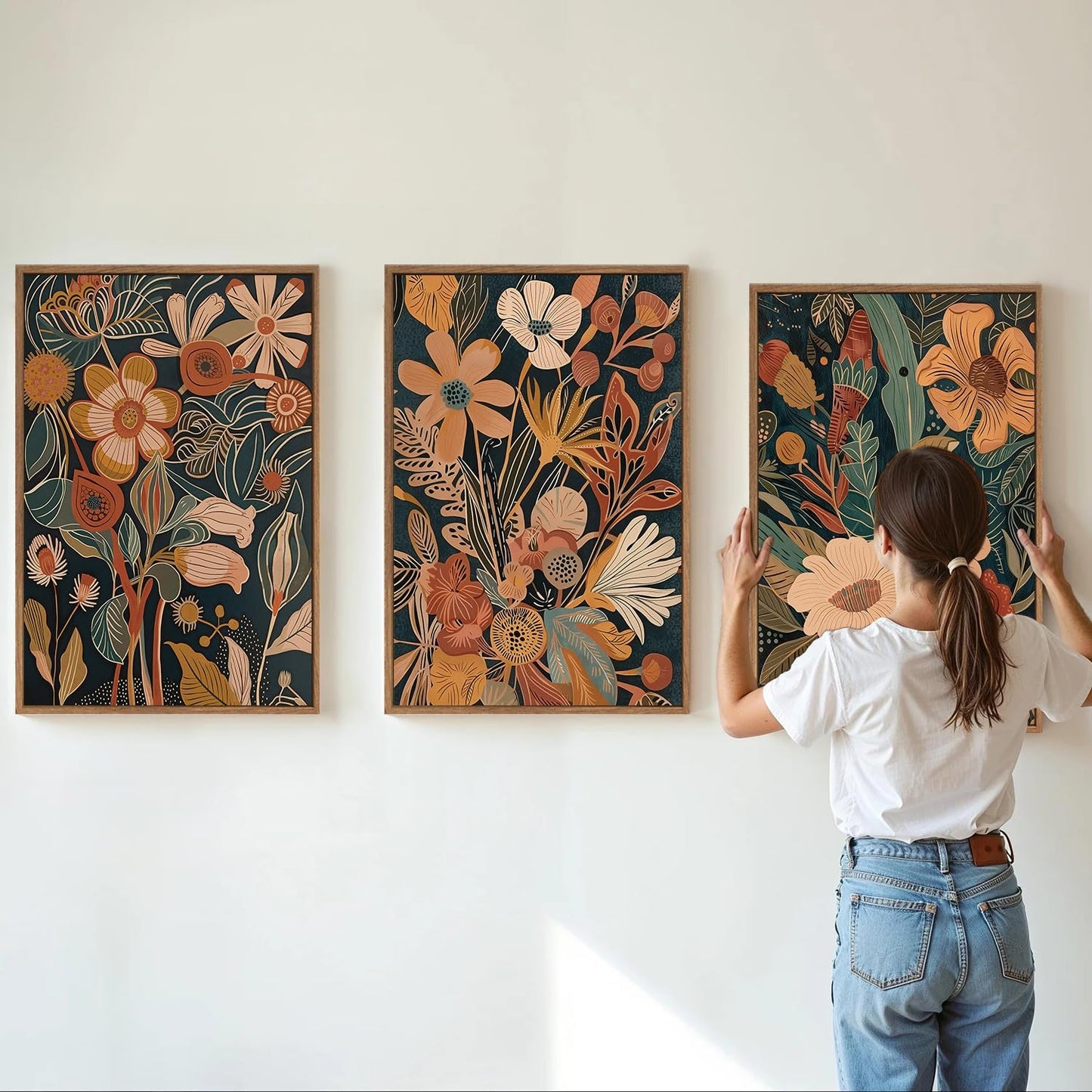 Tinonedraw Vintage Burnt Orange Floral Framed Canvas Wall Art Set of 3, Boho Chic Flower Artwork