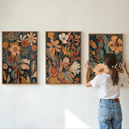 Tinonedraw Vintage Burnt Orange Floral Framed Canvas Wall Art Set of 3, Boho Chic Flower Artwork
