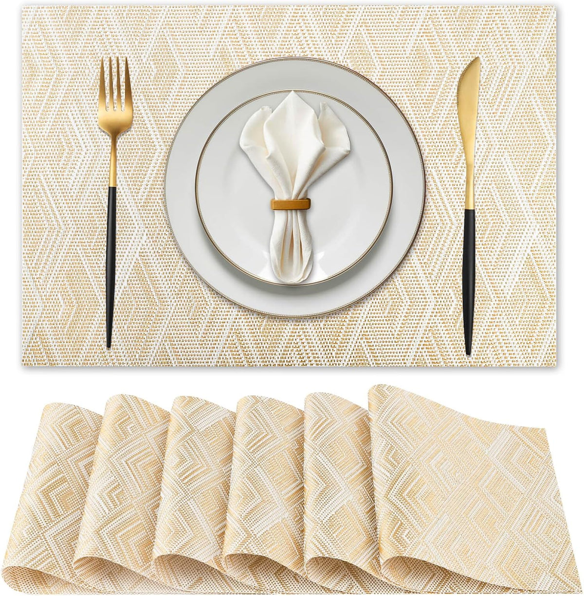Vinyl Plastic Placemats Set of 6 Washable Heat Resistant Non-Slip Elegant Indoor Outdoor Kitchen