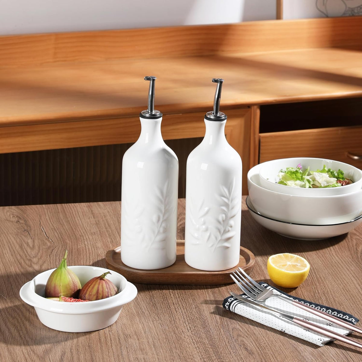 Sweejar Ceramic Olive Oil Dispenser Bottle, 20 Oz Relief Opaque Oil Cruet Protects To Reduce