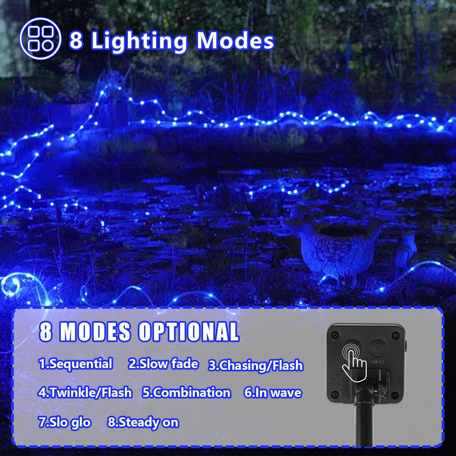 YEGUO 2 Packs Each 33ft 100 LED Solar Rope Lights Outdoor Waterproof, Solar Pool Light Blue, 8