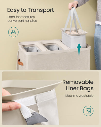SONGMICS Laundry Basket, 50.2 Gal. Laundry Hamper, 3 Compartments, Easy Assembly, with Lid and