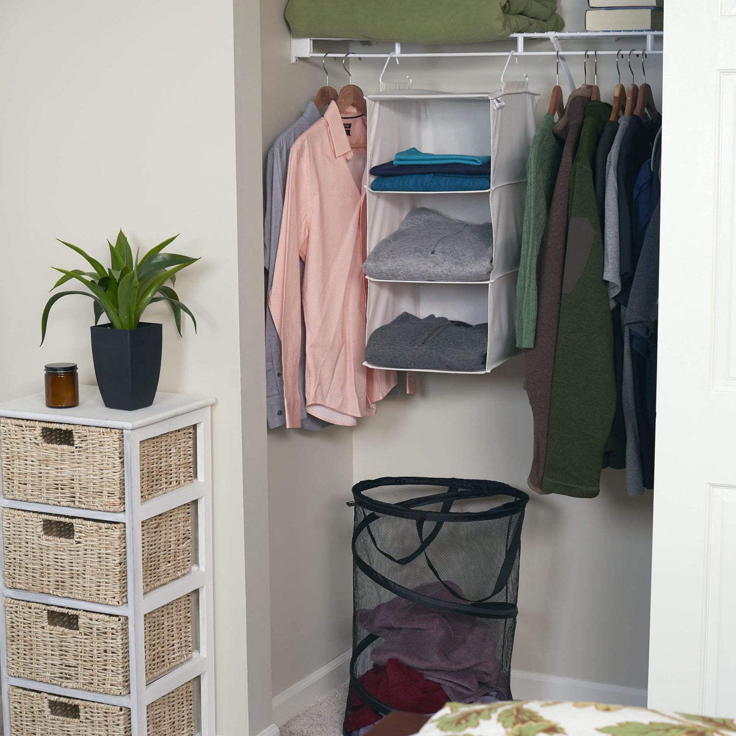 Household Essentials 311342 Hanging Closet Organizer | 3 Pocket Shelves | Natural Canvas