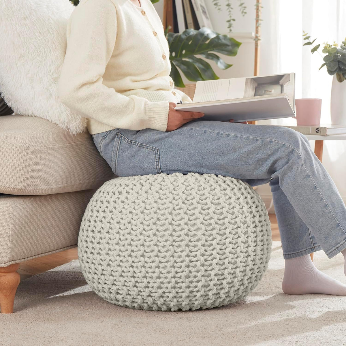 Ornavo Home Pouf Ottoman Foot Rest - 100% Cotton Pouffe - Hand Knitted Cable Braid Cord - Boho