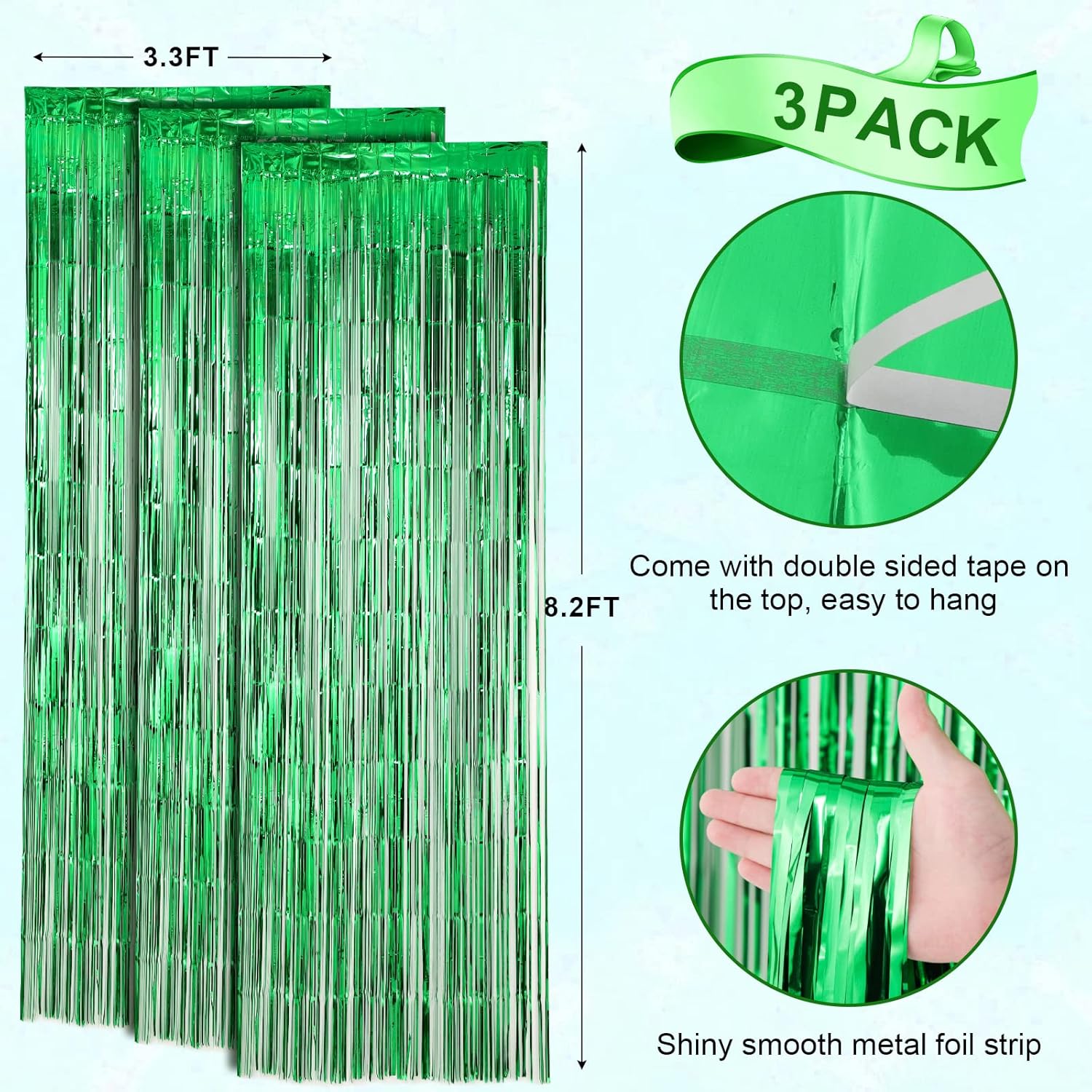 3 Pack 3.3x8.2 Feet Green Foil Fringe Backdrop Curtains, Tinsel Streamers Birthday Party