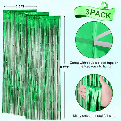 3 Pack 3.3x8.2 Feet Green Foil Fringe Backdrop Curtains, Tinsel Streamers Birthday Party