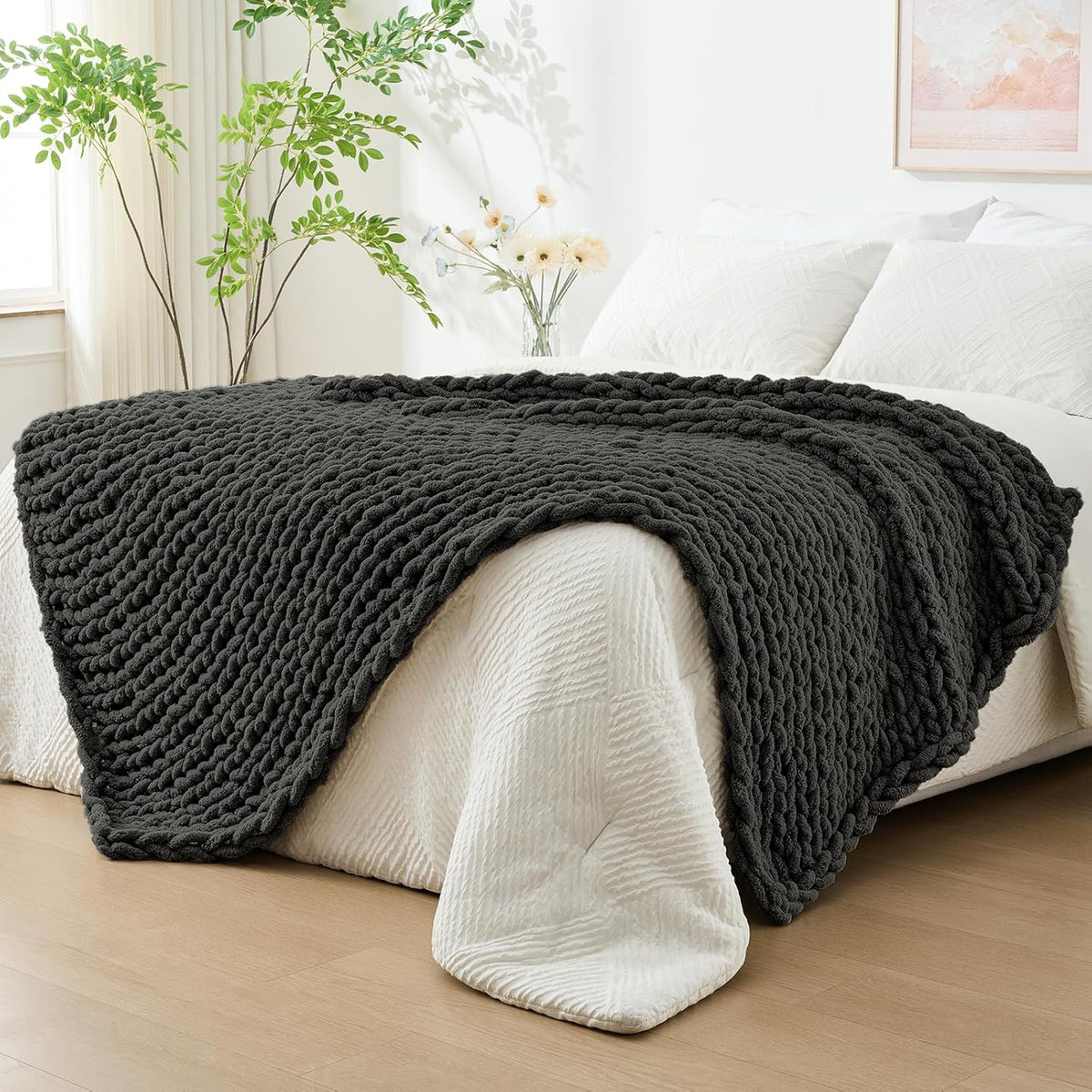 Bigacogo Chunky Knit Throw Blanket for Couch, 80x90 inches, 100% Hand Knitted with Thick Jumbo