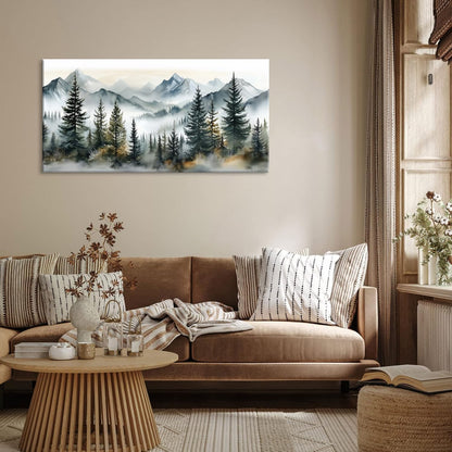 LASMOND Watercolor Forest Wall Art for Living Room Modern Mountain Canvas Painting Prints Foggy