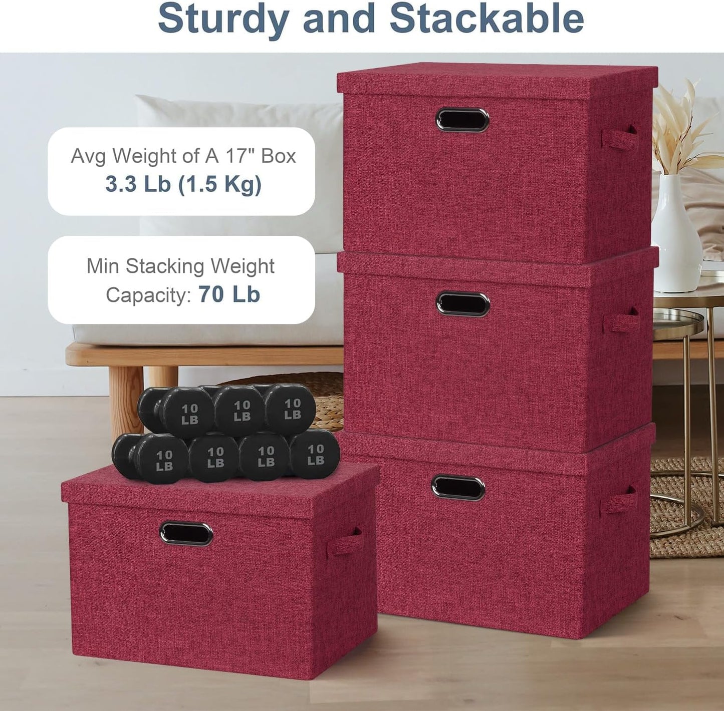 Large 17" 36 Quart Collapsible Stackable Storage Bins with Lids, 3 Packs Bright Red Linen Fabric
