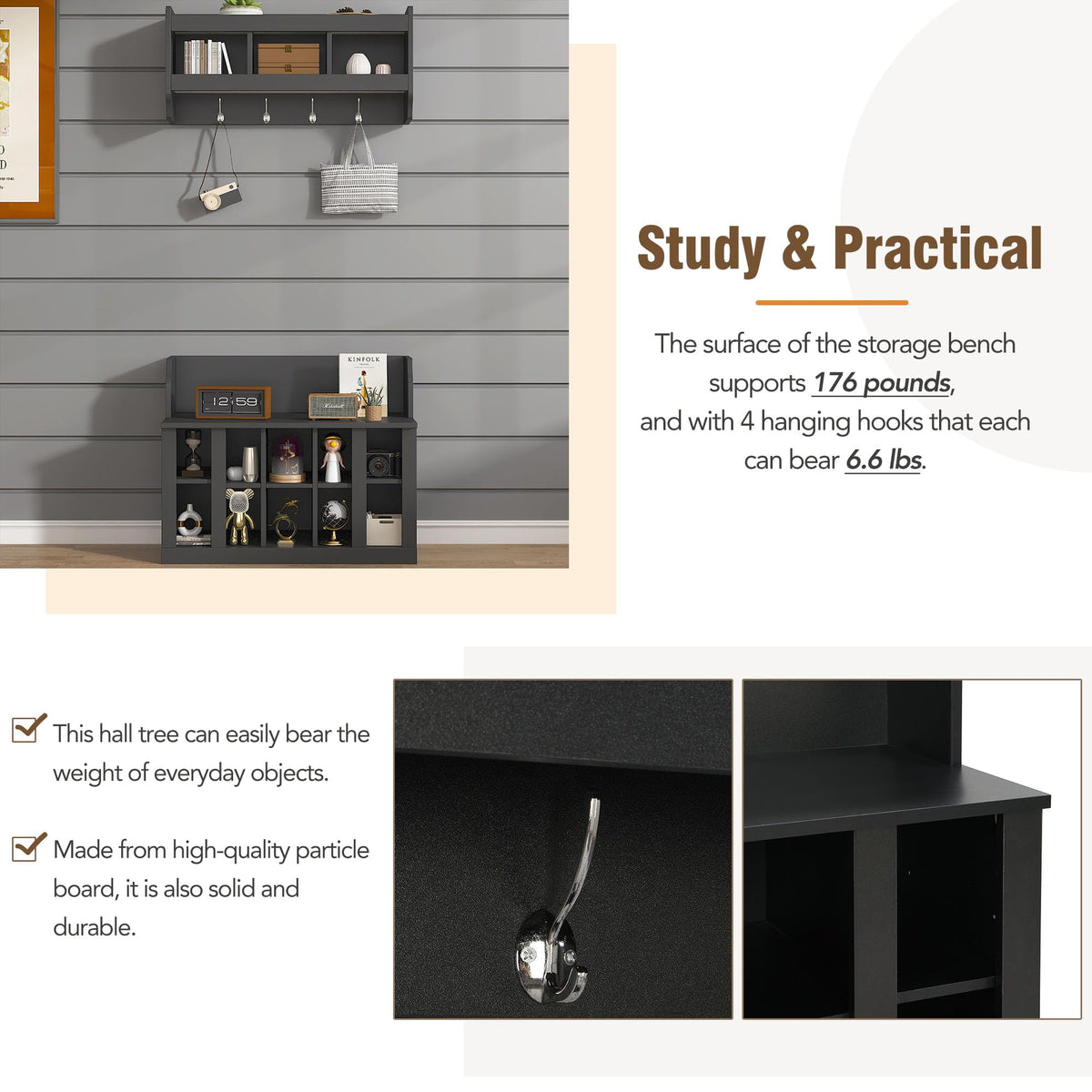 Shoe Storage Bench with Shelves and 4 Hooks, Entryway Hall Tree with Shoe Cabinets with Coat Rack