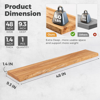 RICHFOCUS Live Edge Elm Floating Shelves - 48" W x 9.3" D Rustic Solid Wood Wall Shelves with