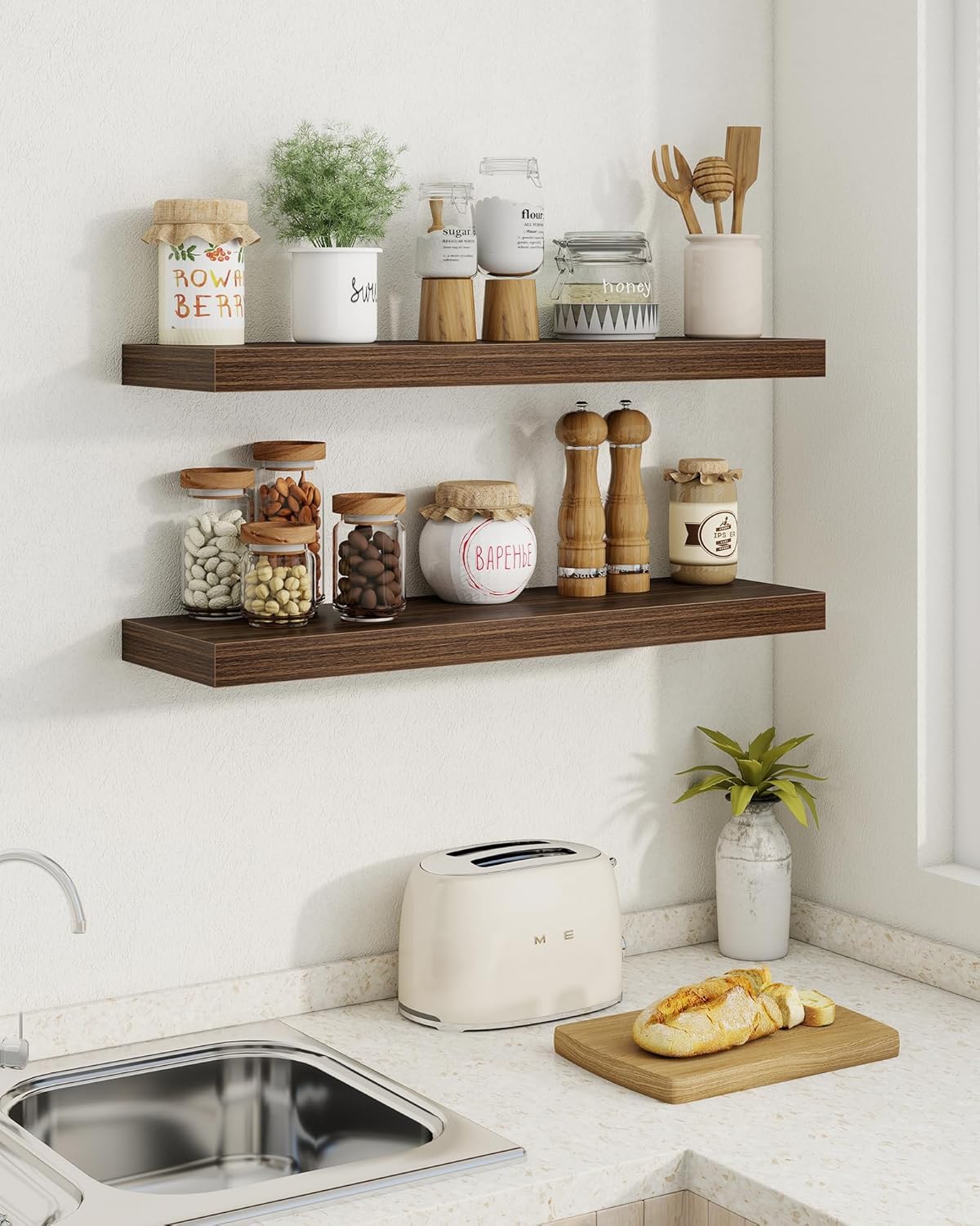 Marsmiles 36" Floating Shelves for Wall, Wooden Shelves with Invisible Brackets Set of 2, Rustic