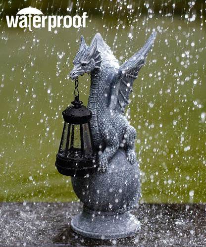 Qeeman Dragon on Ball with Solar Lantern Statues: Garden Decor Outdoor Decorations Art Figurine for