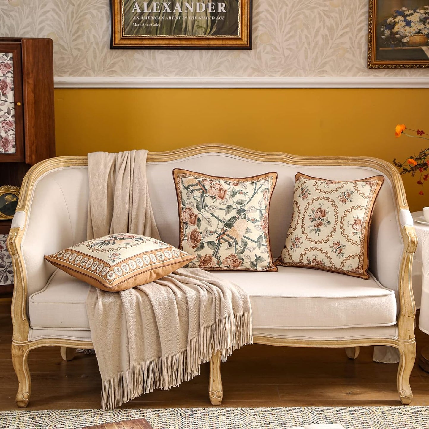 patdrea Designer Vintage Floral Throw Pillow Covers for Couch Set of 4,Brown Yellow Linen