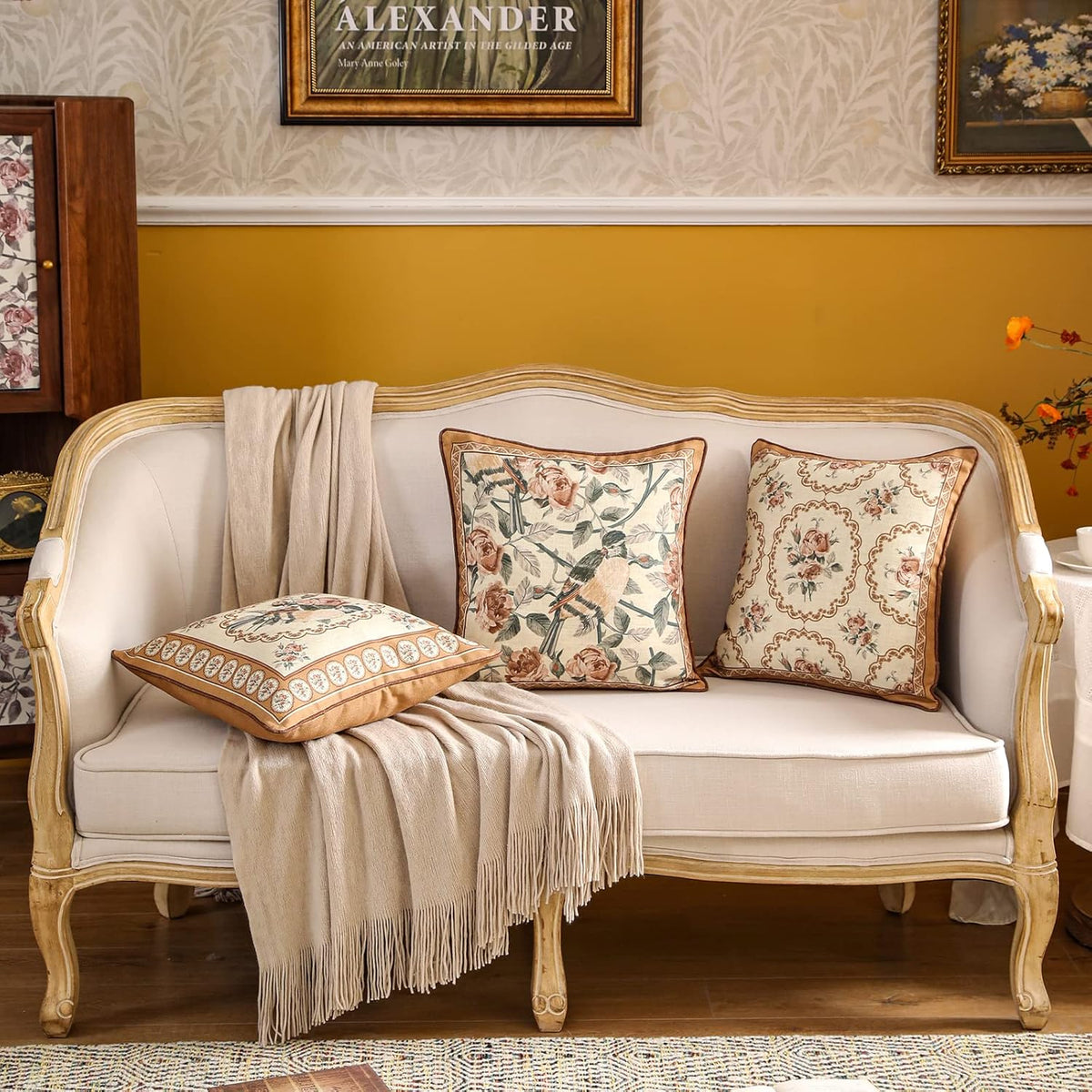 patdrea Designer Vintage Floral Throw Pillow Covers for Couch Set of 4,Brown Yellow Linen