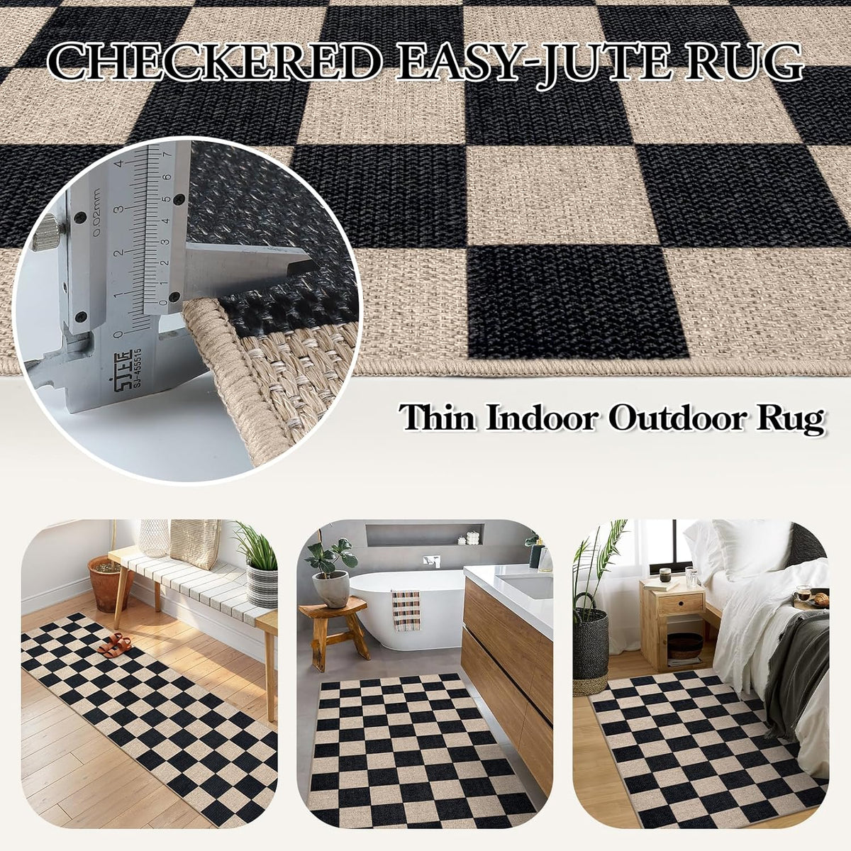 Lahome Checkered Easy Jute Carpet, 3x5 Outdoor Patio Rug Washable Rugs for Entryway Checkerboard